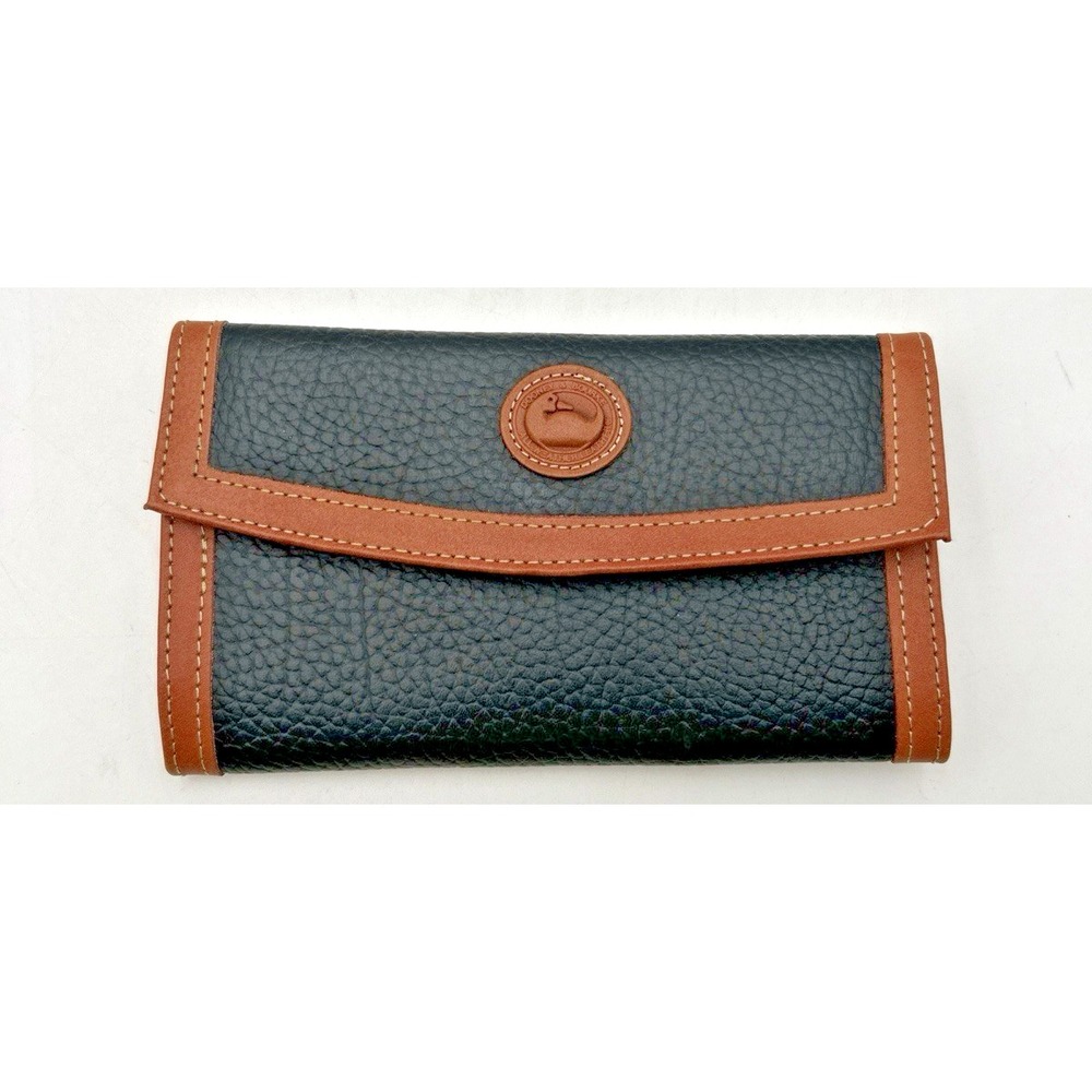 Dooney & Bourke Black Brown Leather Trifold Wallet Pebbled Checkbook Vtg